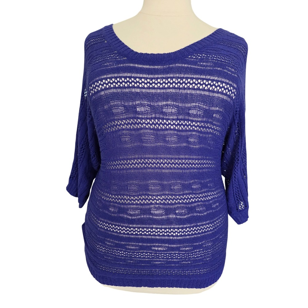 Torrid Royal Blue Open Knit Crochet Dolman Sweater Plus Size 2 2X Scoop Neck